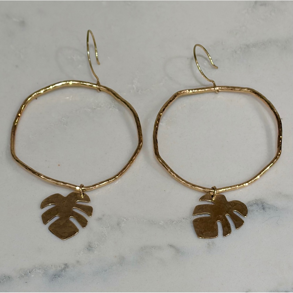 Gold Tone Hammered Hoop Earrings with Monstera Leaf Charm Tropical Statement